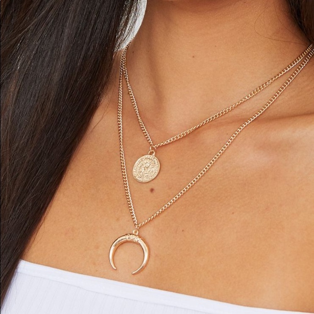 Gold Coin Bull Horn Layered Necklace